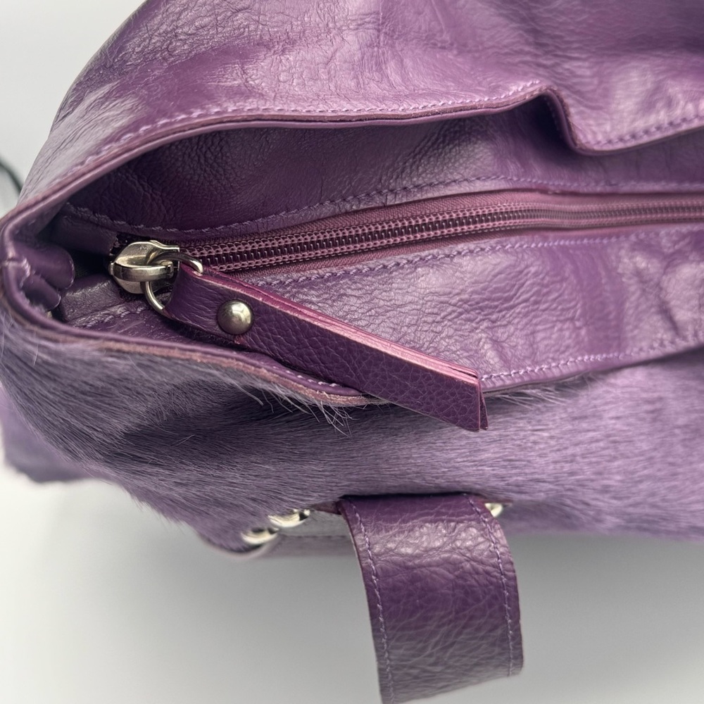 Innue Made in Italy Genuine Leather Calf Hair Plum Purple Tote Bag - Picture 6 of 9